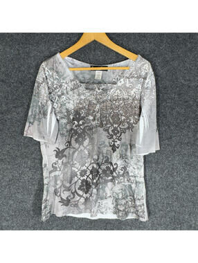 Appropriate Behavior T-Shirt Women L Large Gray Floral V-Neck Short Sleeve